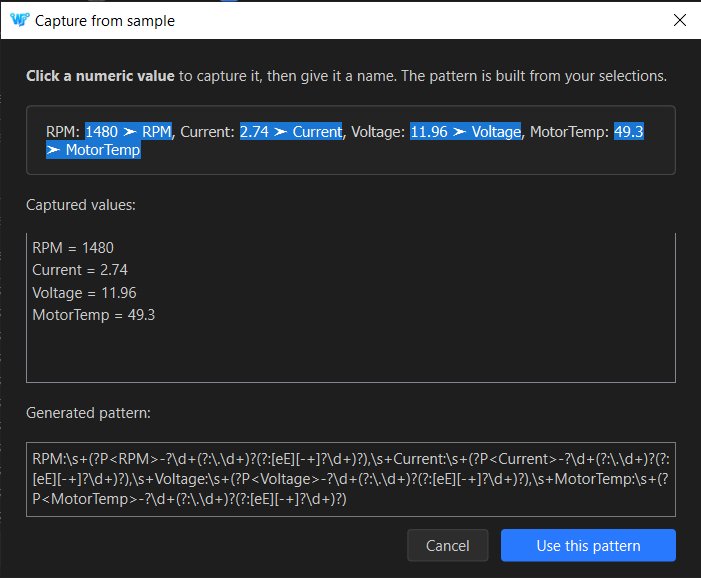 The Capture from sample dialog showing a source line with four numeric chips selected and named RPM, Current, Voltage, MotorTemp, and the generated regex below